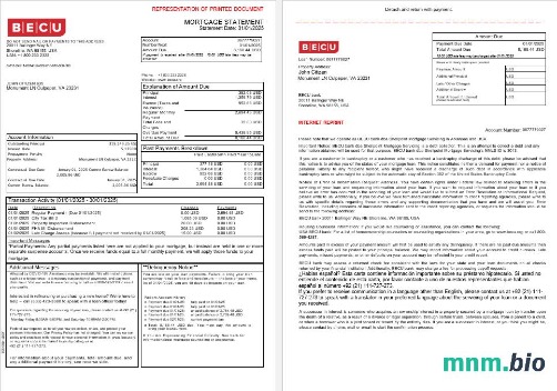 USA BECU Bank wyciąg z kredytu hipotecznego w formatach Word i PDF, 3 strony 1-2